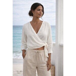 Rails Raquel White Linen Blend Wrap Top Tie Front Cropped Blouse Women S